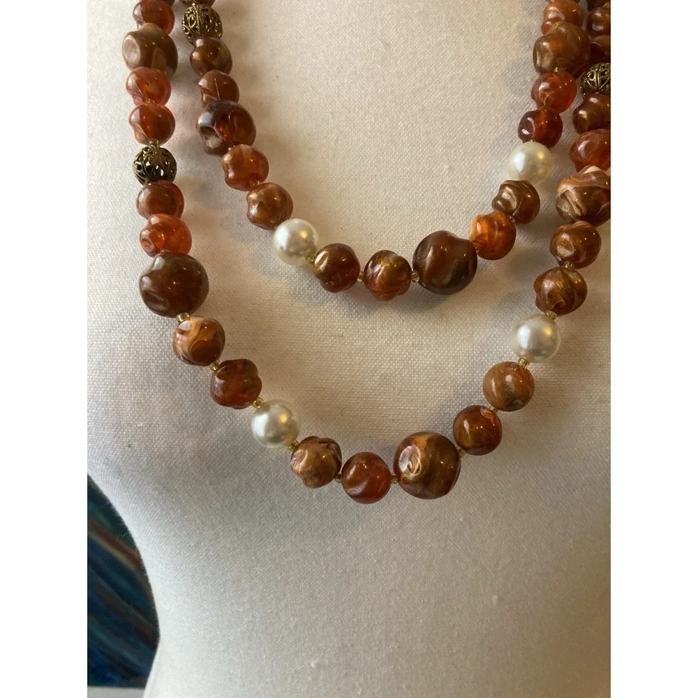 Vintage Double Strand Necklace‎ In Earthy Brown Nugget Bead Faux Pearl Gold Tone